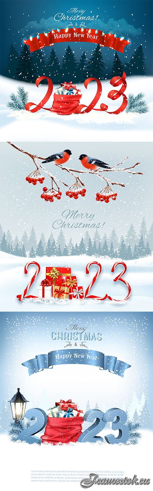 Christmas background with garland and numbers 2023 from red ribbons