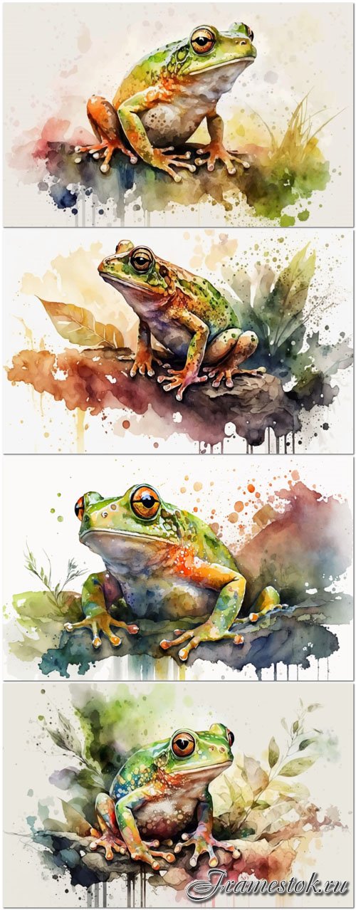 Watercolor vector illustrations of frogs in their natural habitat 