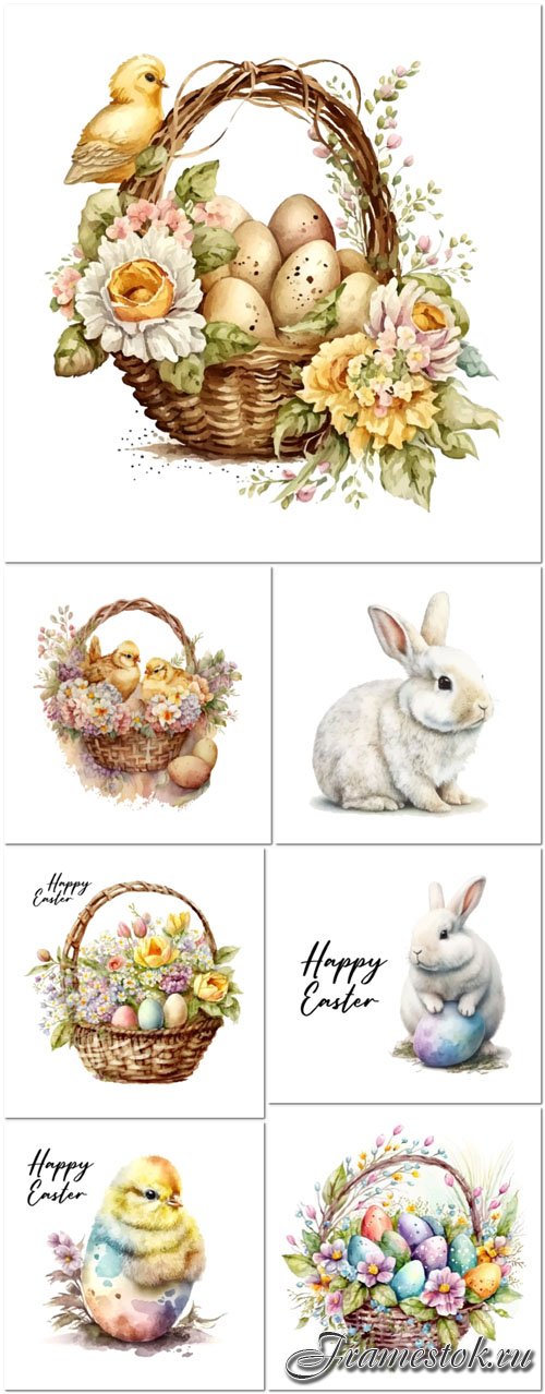 Vector happy easter, easter eggs in a basket of flowers chick greeting card poster 