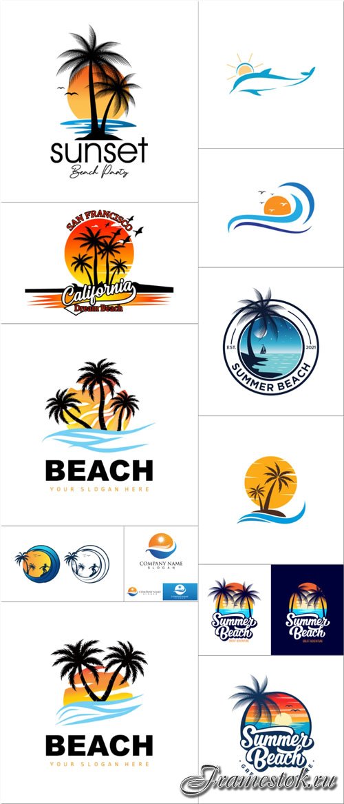 Summer logos vector with beach sunset view design 
